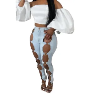 Hollow Out O-ring Denim Jeans