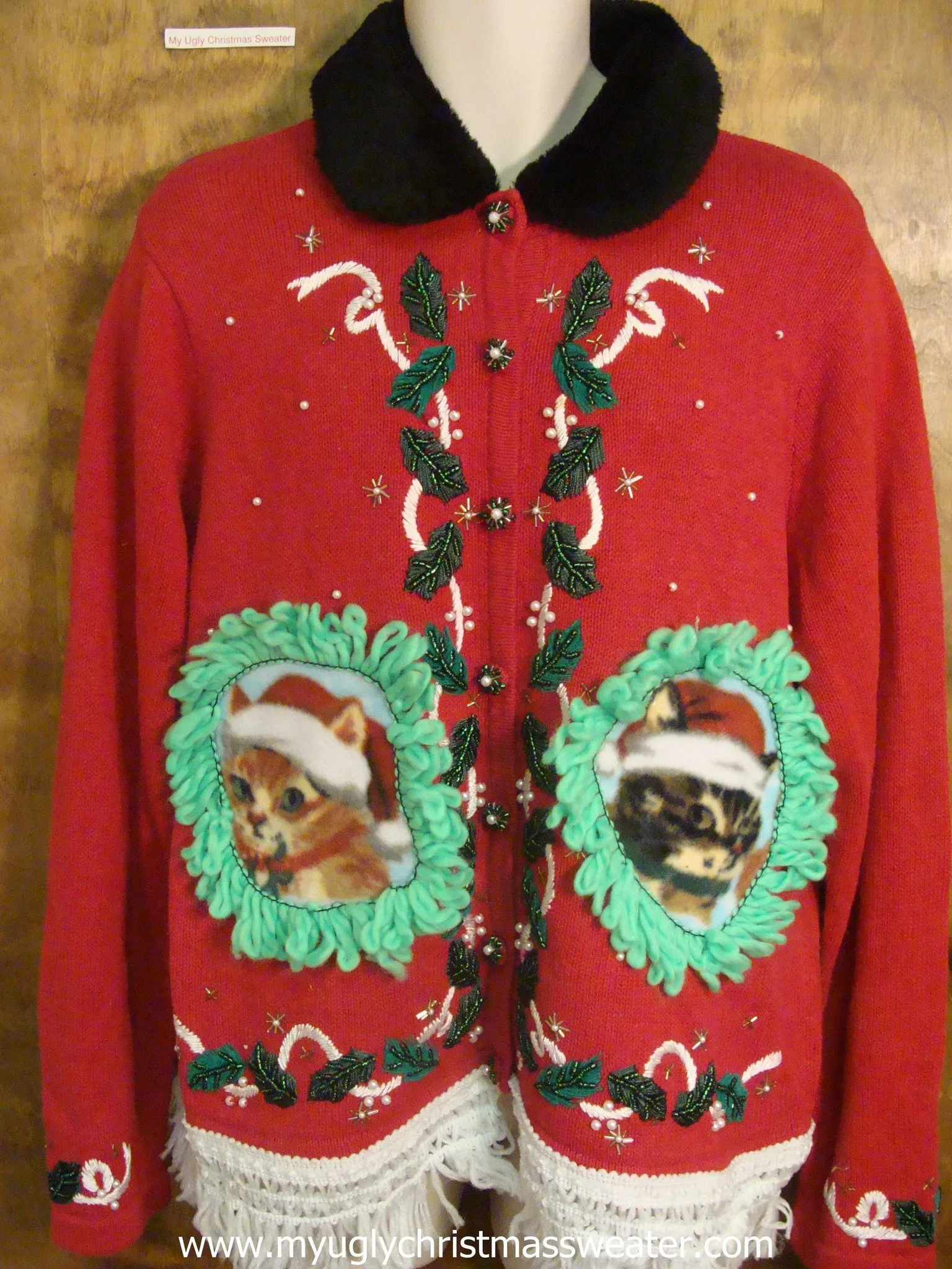 Holly Berries Tied With Ribbons Christmas Cat Ugly Sweater