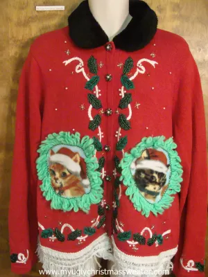 Holly Berries Tied With Ribbons Christmas Cat Ugly Sweater