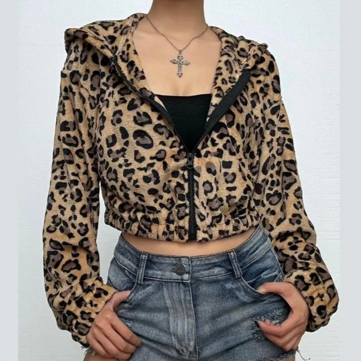 Hoodie long sleeve leopard print zip-up coat top