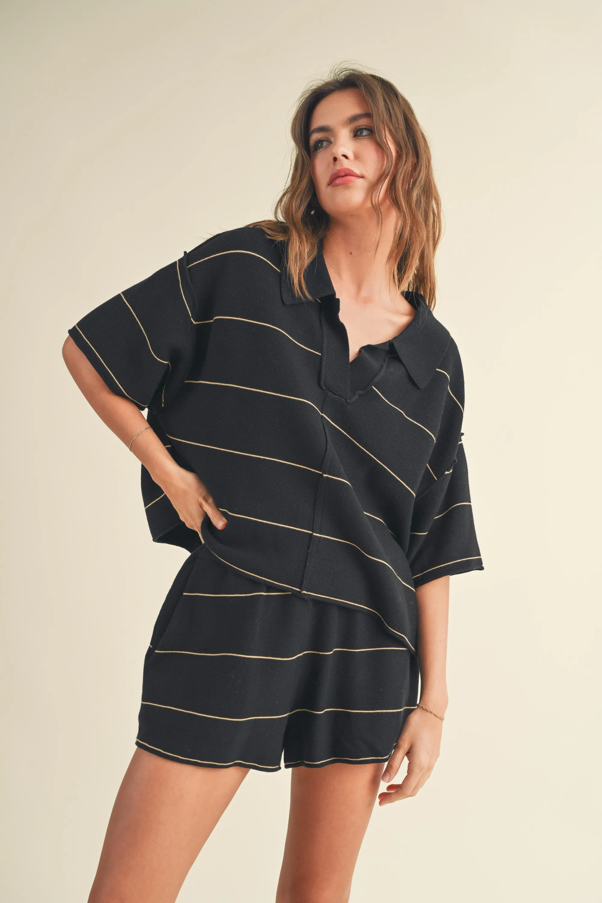 Jet Away Striped Knit Set, Black/Tan