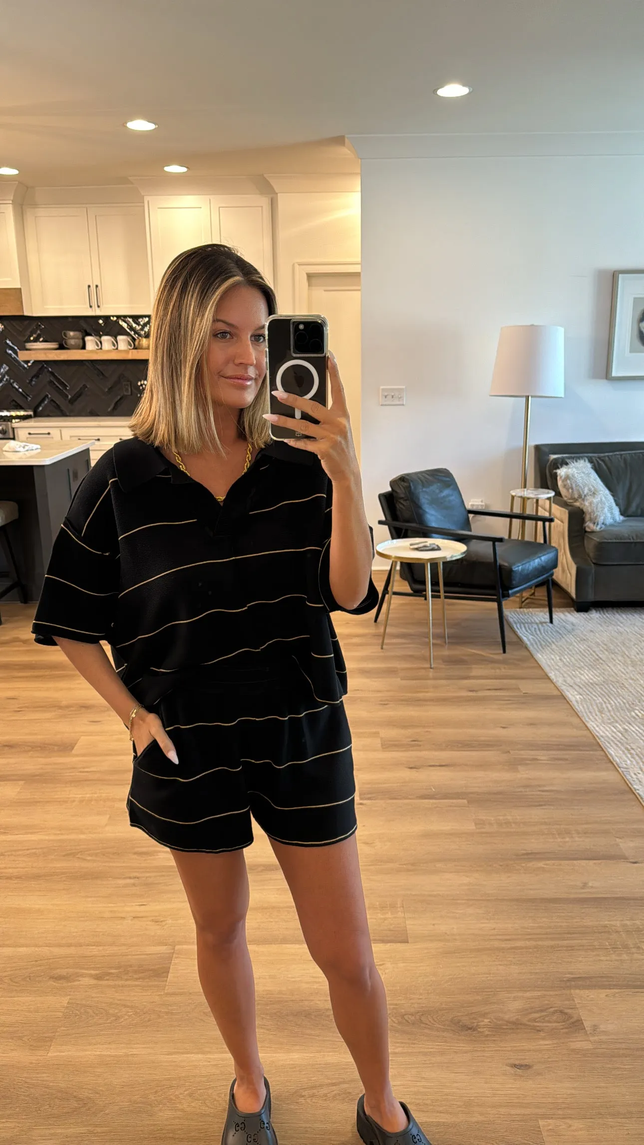 Jet Away Striped Knit Set, Black/Tan