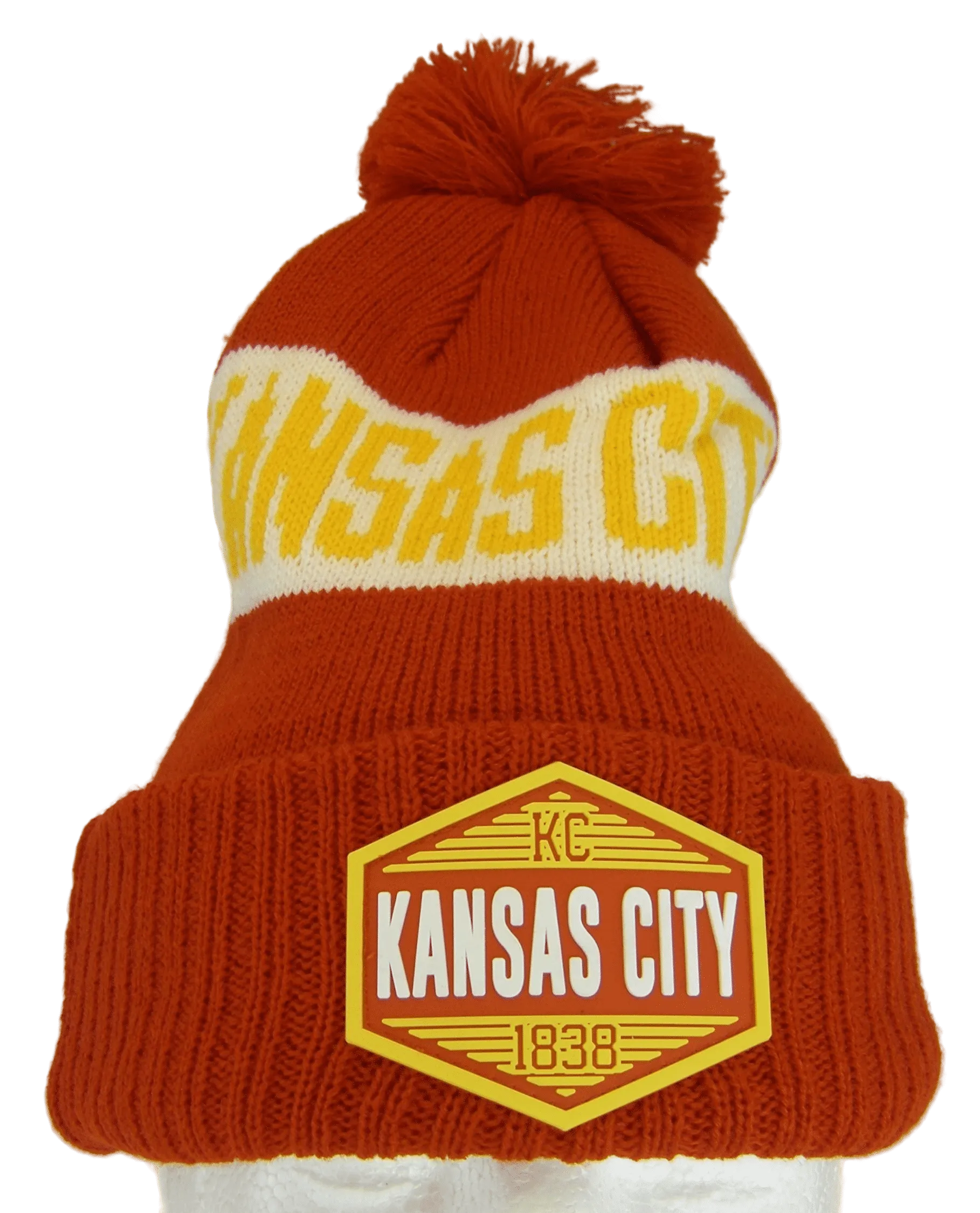 Kansas City Winter Knit 3D Rubber Patch Pom Beanie Hat (Red/White/Gold)