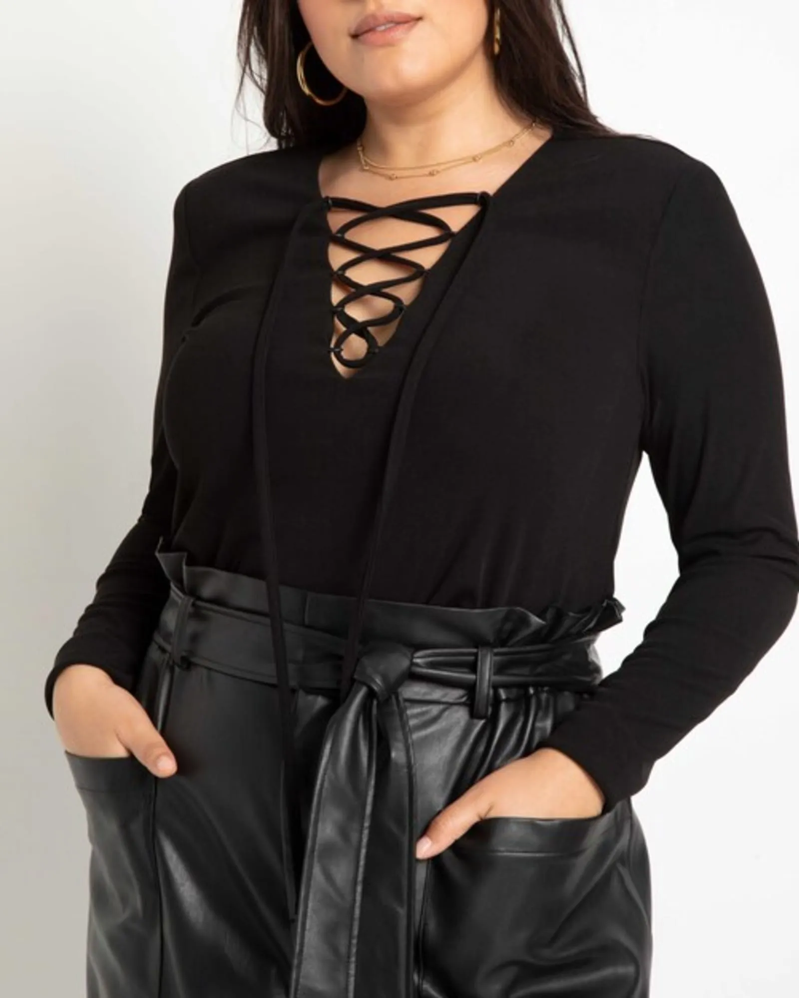 Kate Lace Up Strong Shoulder Top | Totally Black