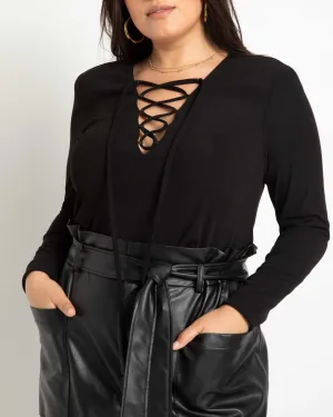Kate Lace Up Strong Shoulder Top | Totally Black