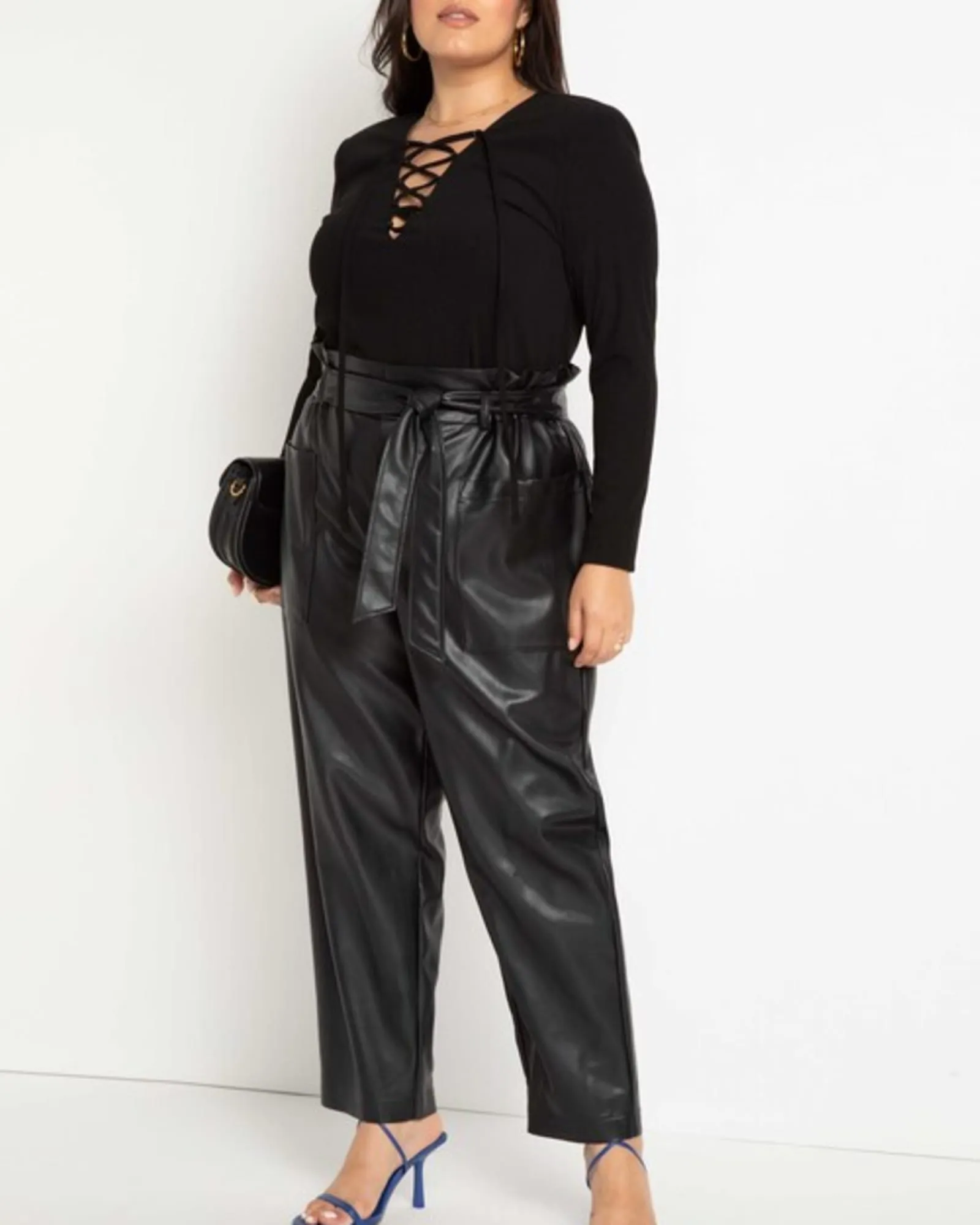 Kate Lace Up Strong Shoulder Top | Totally Black