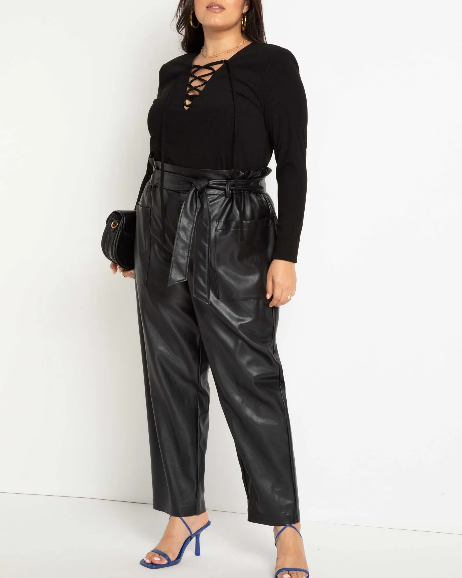 Kate Lace Up Strong Shoulder Top | Totally Black