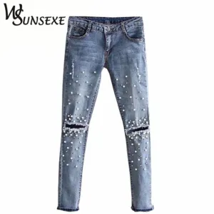Knee Hole Ripped Jeans Women Stretch Denim Pencil Pants Casual Slim Fit Rivet Pearl Jeans Summer Long Trousers Low Waist Cowboy
