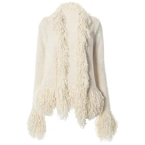Knitted solid long sleeve tassels coat top