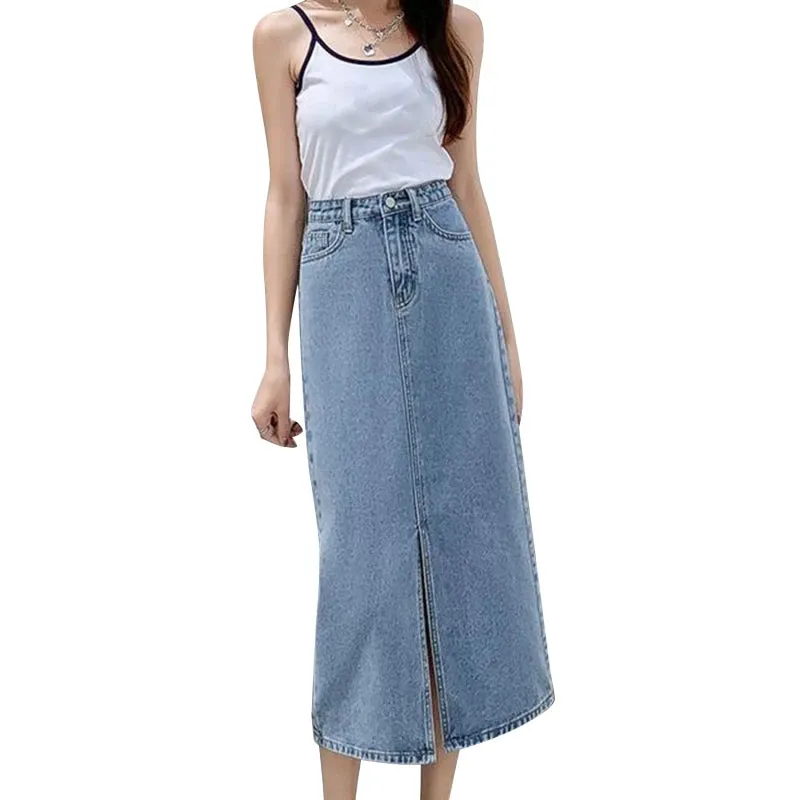 Korean Style Solid Denim High-Waist Long Midi Skirt Bottoml