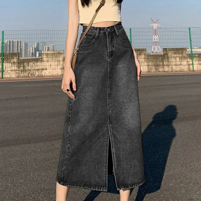 Korean Style Solid Denim High-Waist Long Midi Skirt Bottoml