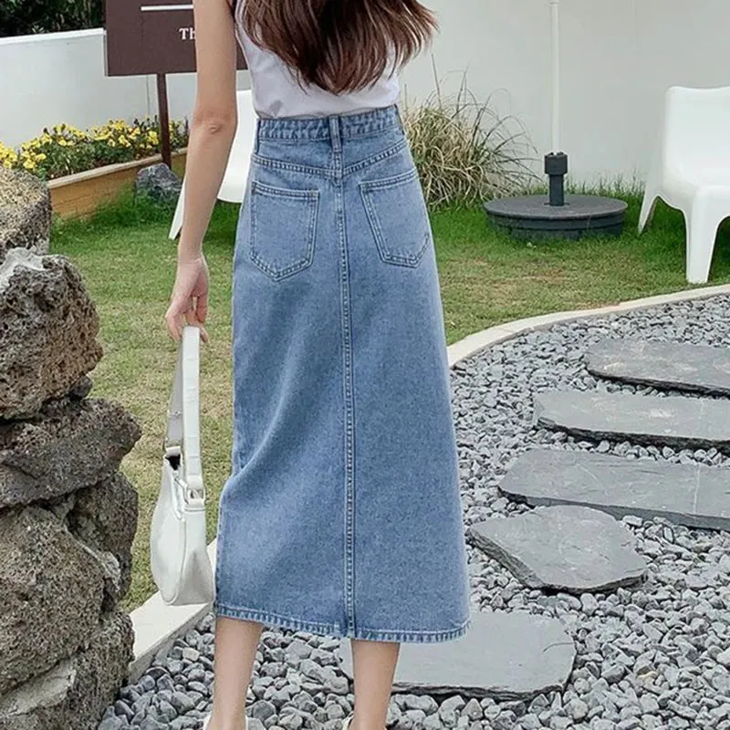 Korean Style Solid Denim High-Waist Long Midi Skirt Bottoml