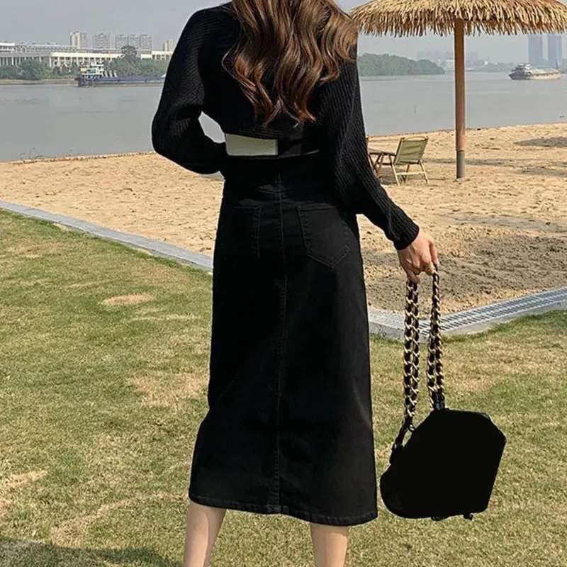 Korean Style Solid Denim High-Waist Long Midi Skirt Bottoml