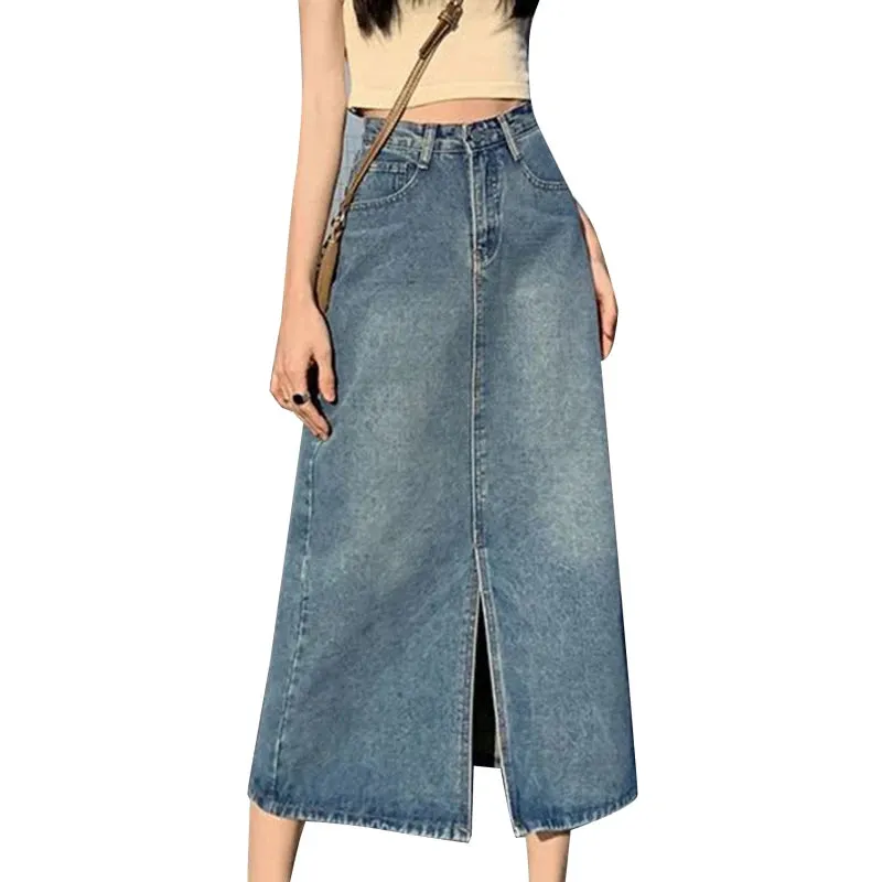 Korean Style Solid Denim High-Waist Long Midi Skirt Bottoml