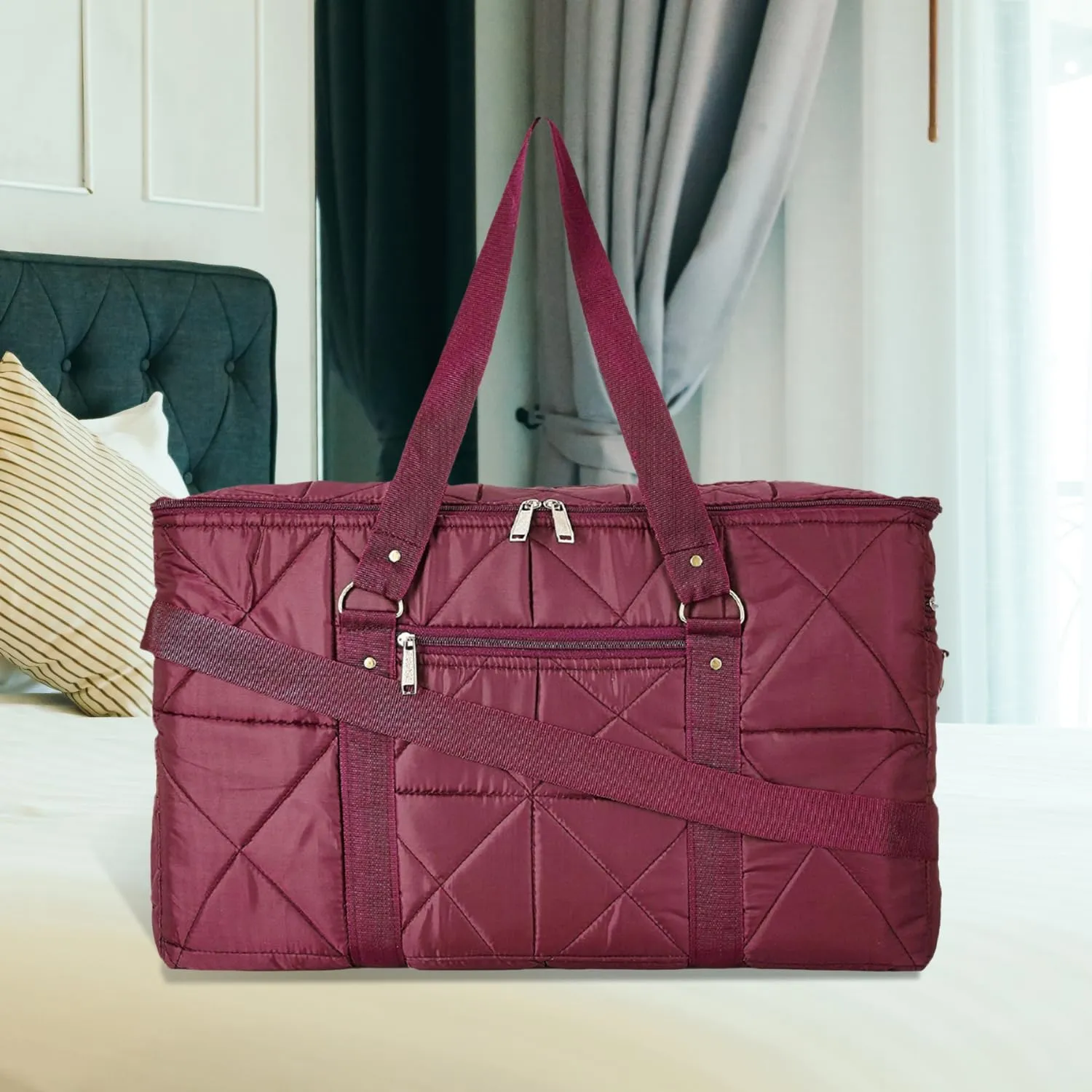 Kuber Industries Storage Duffle Bag | Parachute Travel Storage Bag | Storage Organizer for Clothes | Storage Carrying Bag with Handle | Zipper Closure Storage Bag for Clothes | Maroon