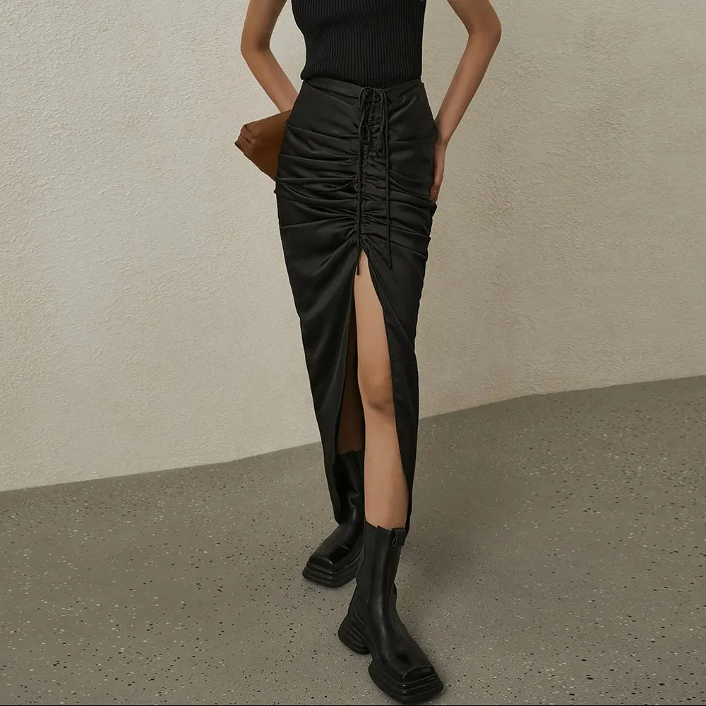 Lace Up Irregular Midi Skirt For Women High Waist Ruched Solid Minimalist Split Thigh Long Skirts Female Clothing