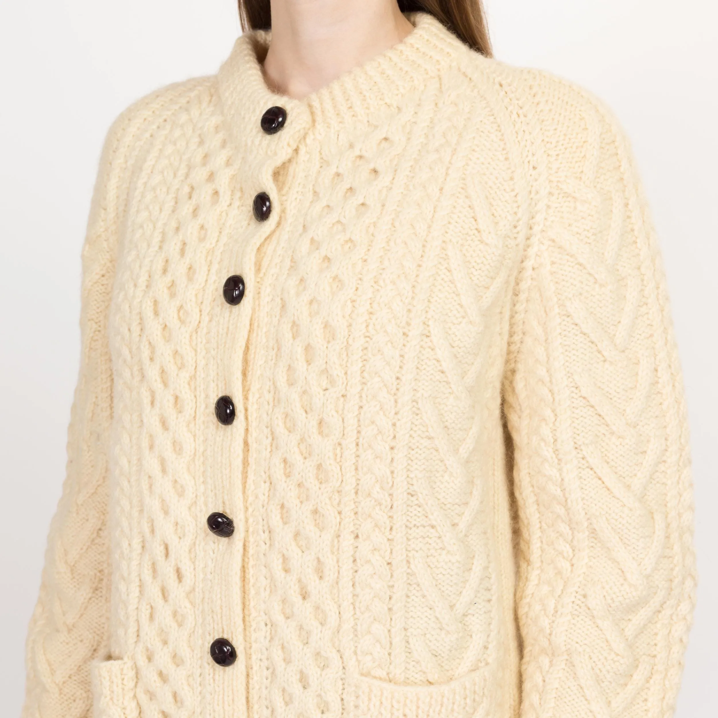 Large Vintage Irish Cable Knit Wool Fisherman Cardigan