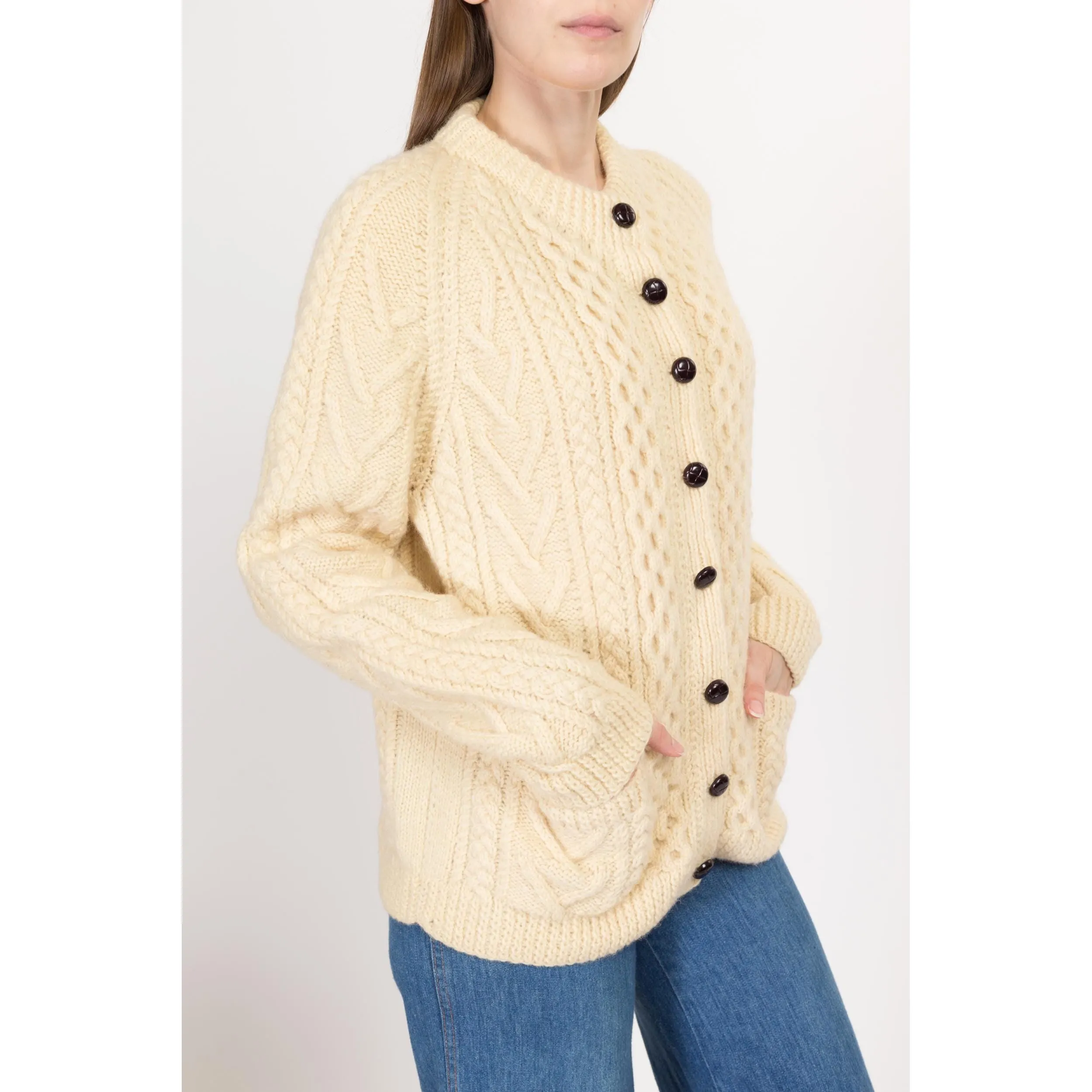 Large Vintage Irish Cable Knit Wool Fisherman Cardigan