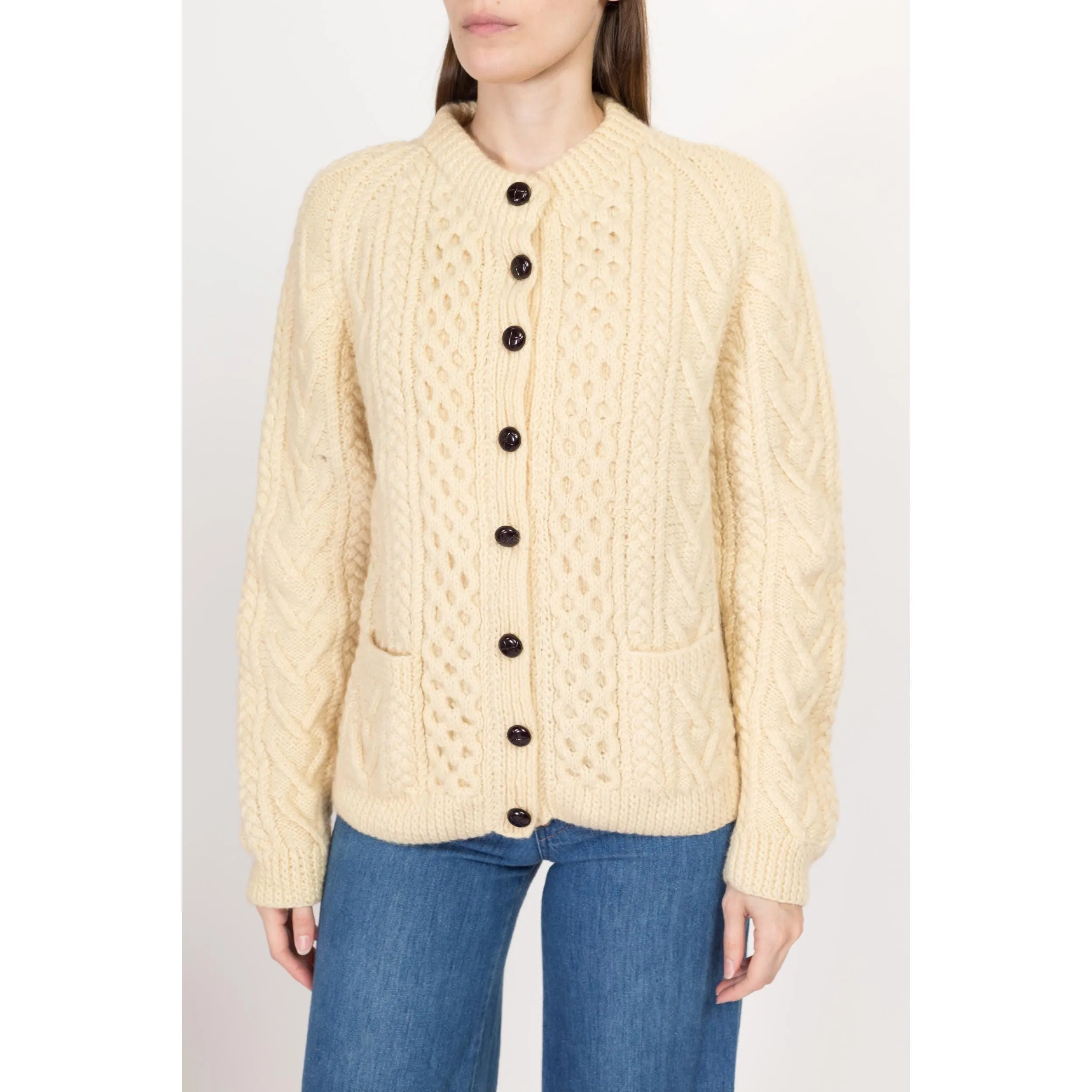 Large Vintage Irish Cable Knit Wool Fisherman Cardigan
