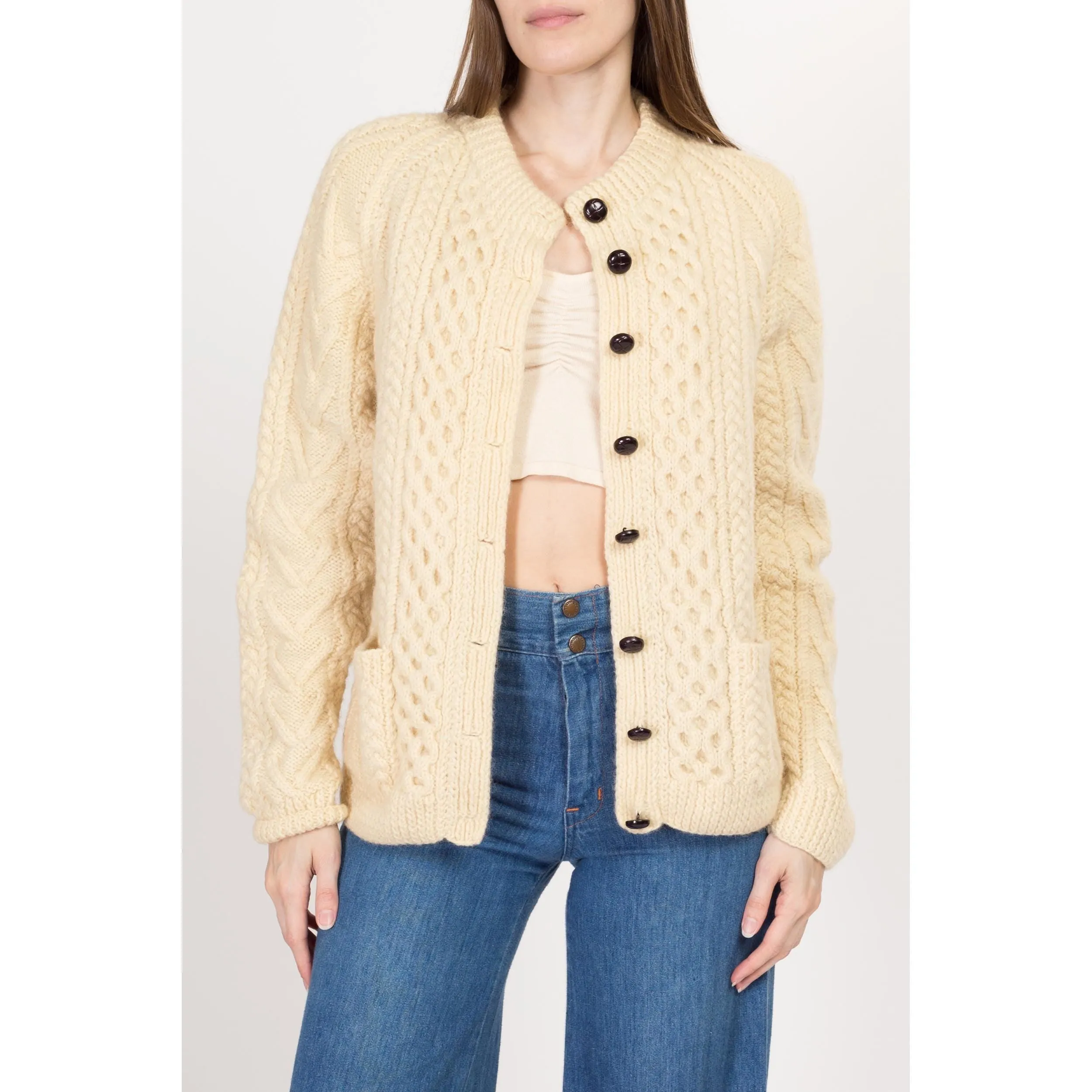 Large Vintage Irish Cable Knit Wool Fisherman Cardigan