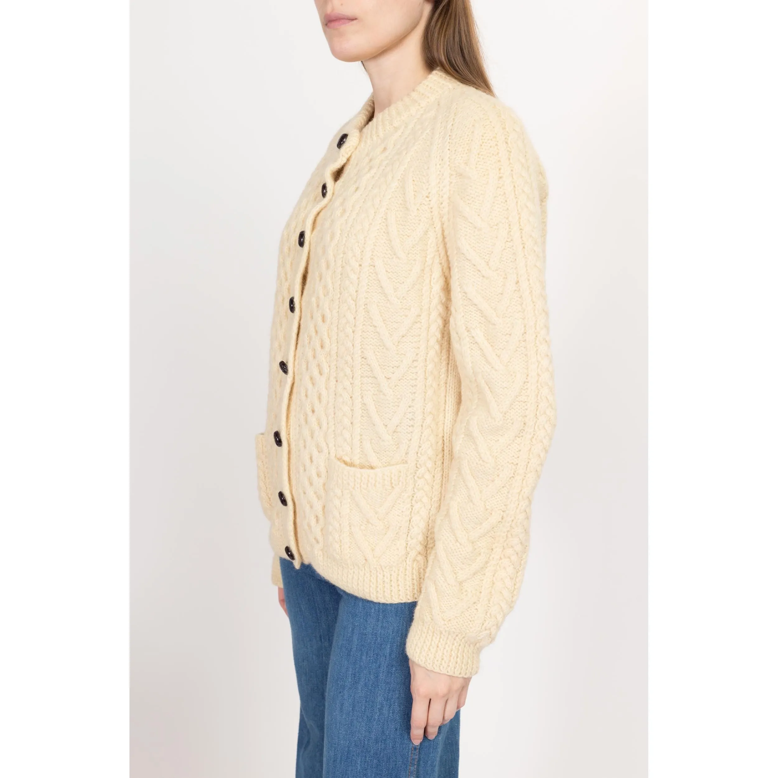 Large Vintage Irish Cable Knit Wool Fisherman Cardigan
