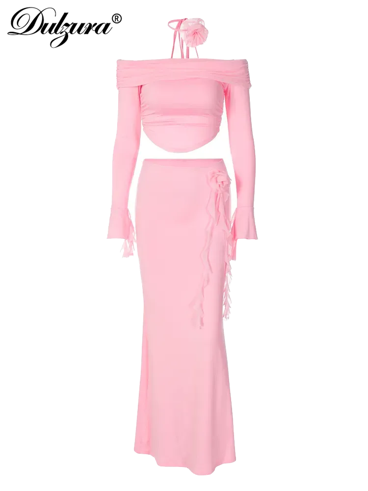 Light Pink Off Shoulder Long Trumpet Sleeves Crop Top and Tassel Maxi Skirt