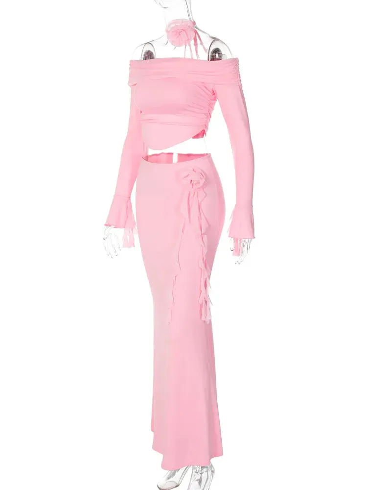 Light Pink Off Shoulder Long Trumpet Sleeves Crop Top and Tassel Maxi Skirt