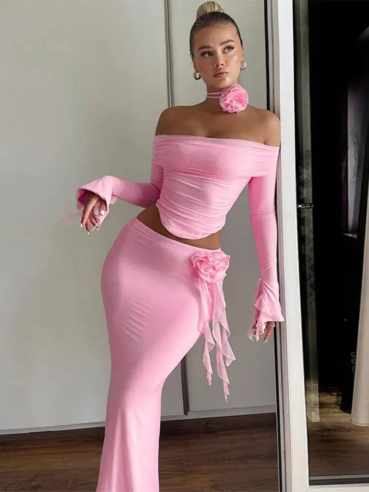 Light Pink Off Shoulder Long Trumpet Sleeves Crop Top and Tassel Maxi Skirt