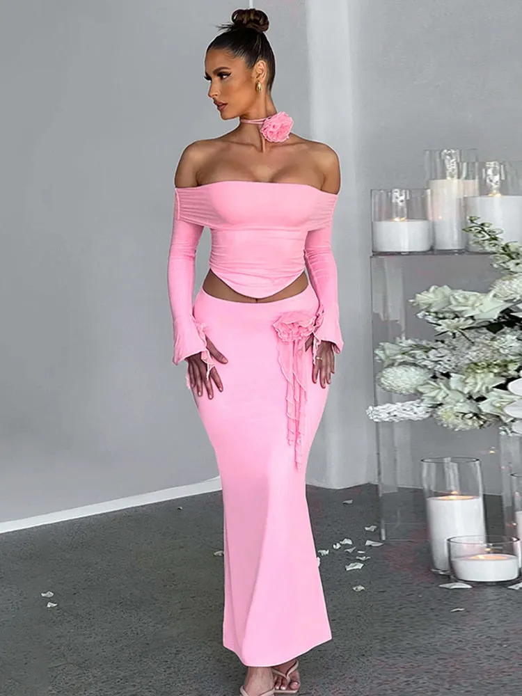 Light Pink Off Shoulder Long Trumpet Sleeves Crop Top and Tassel Maxi Skirt