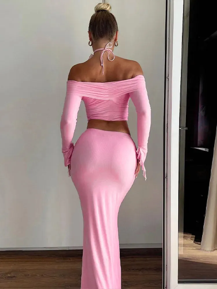 Light Pink Off Shoulder Long Trumpet Sleeves Crop Top and Tassel Maxi Skirt