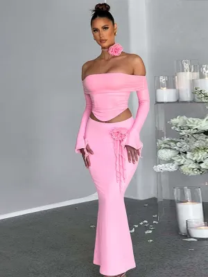 Light Pink Off Shoulder Long Trumpet Sleeves Crop Top and Tassel Maxi Skirt