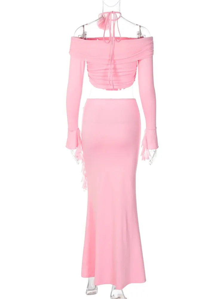 Light Pink Off Shoulder Long Trumpet Sleeves Crop Top and Tassel Maxi Skirt