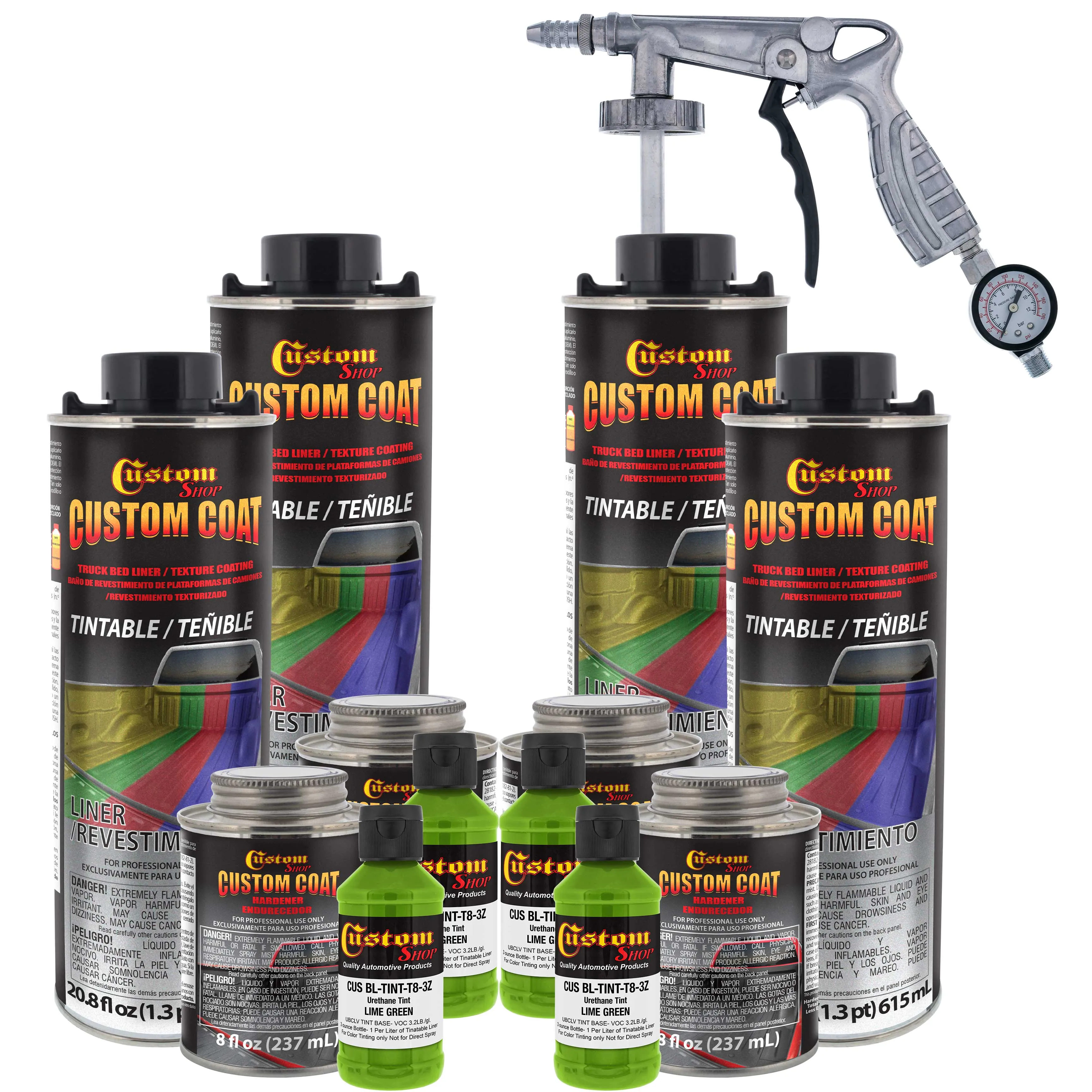 Lime Green 1 Gallon Urethane Spray-On Truck Bed Liner Kit with Spray Gun and Regulator - Mix, Shake & Shoot - Durable Textured Protective Coating
