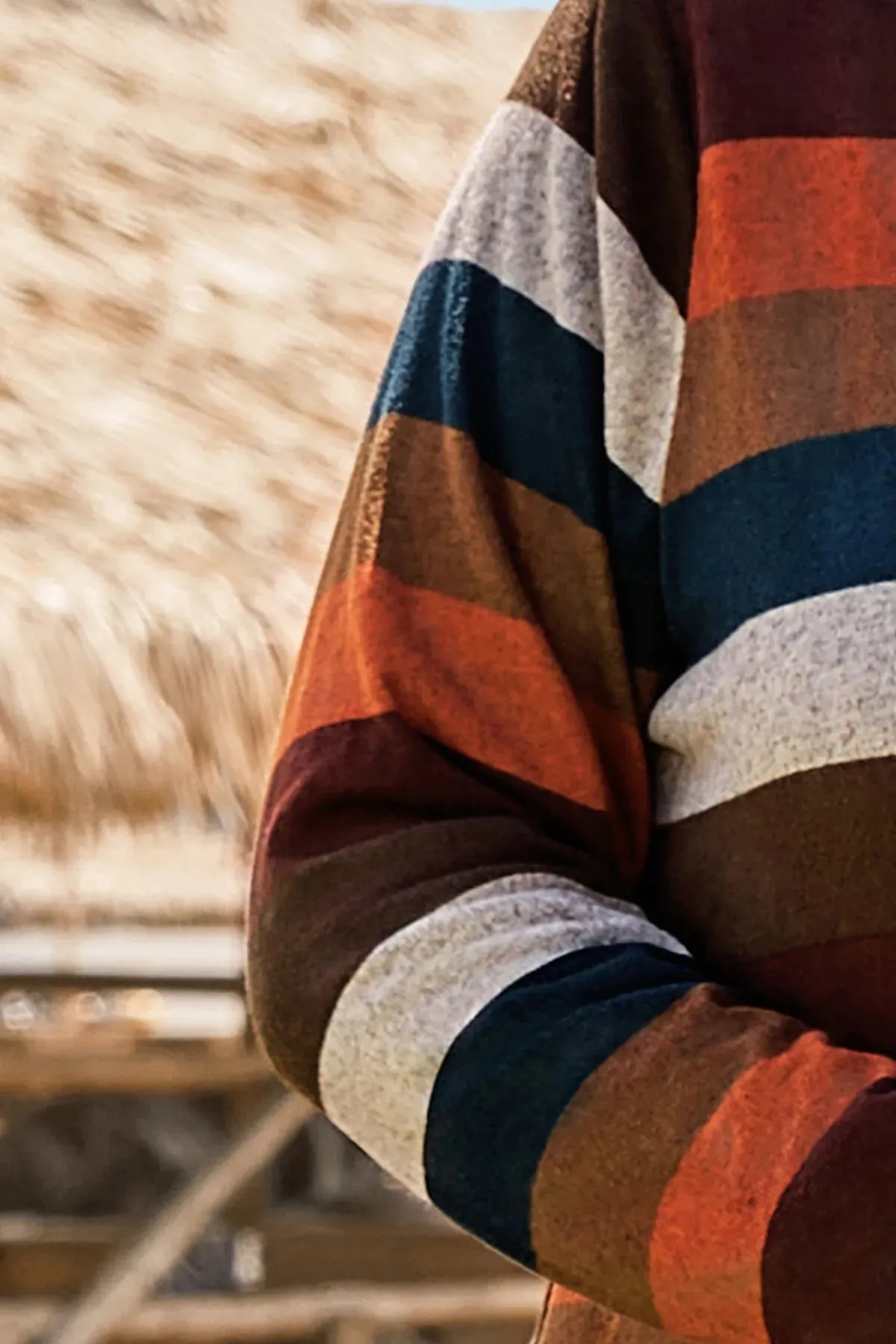Long Striped Pocket Long Sleeves Coat