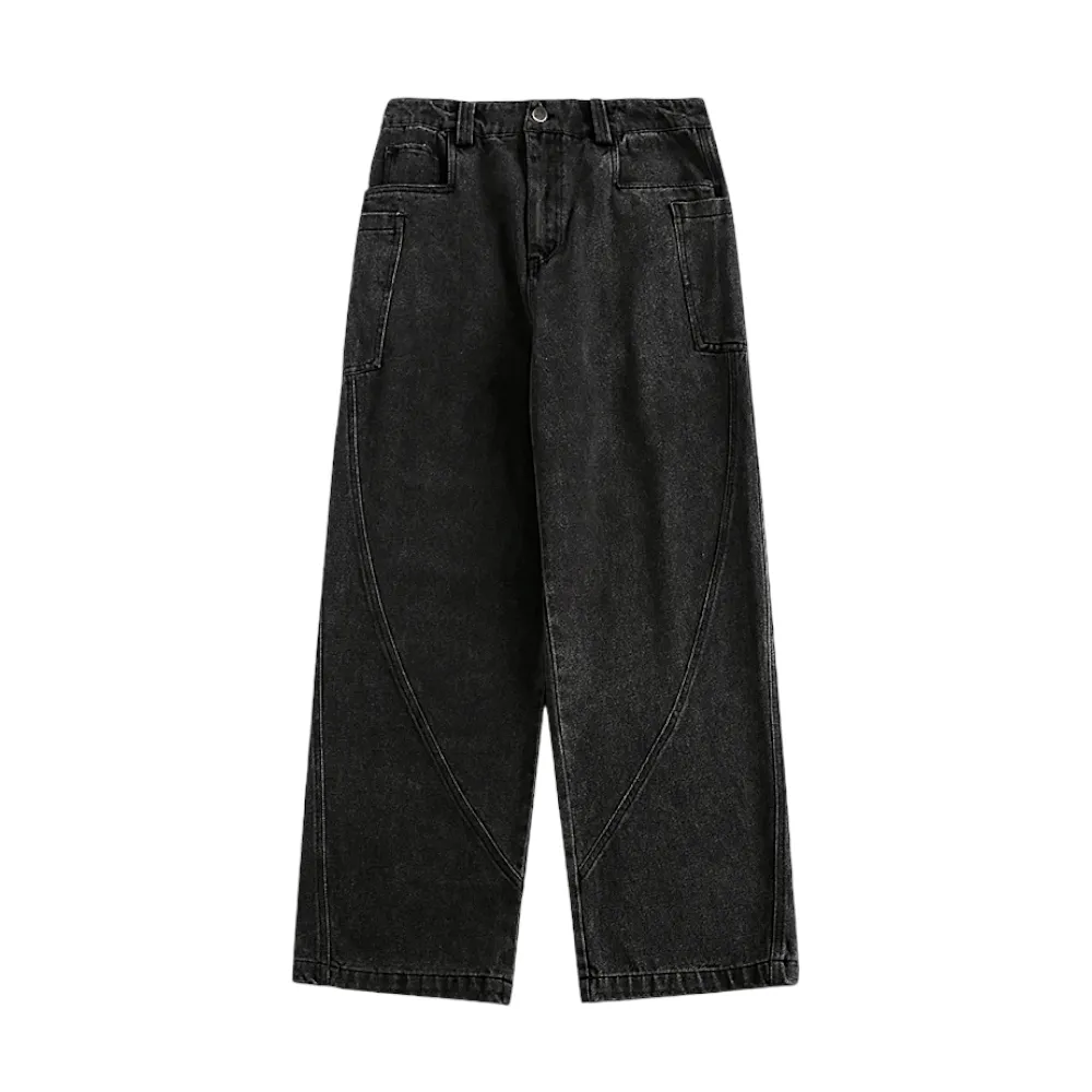Loose fit washed denim curve seams jean
