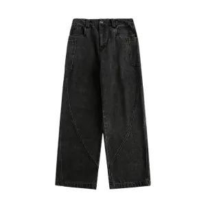 Loose fit washed denim curve seams jean