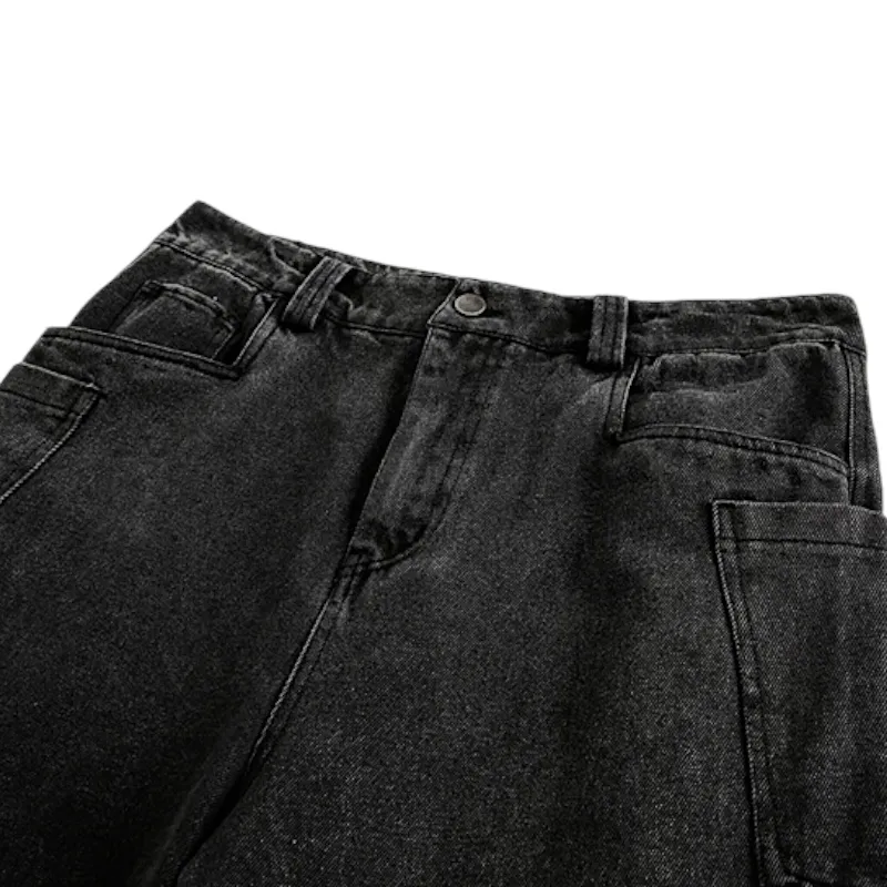 Loose fit washed denim curve seams jean