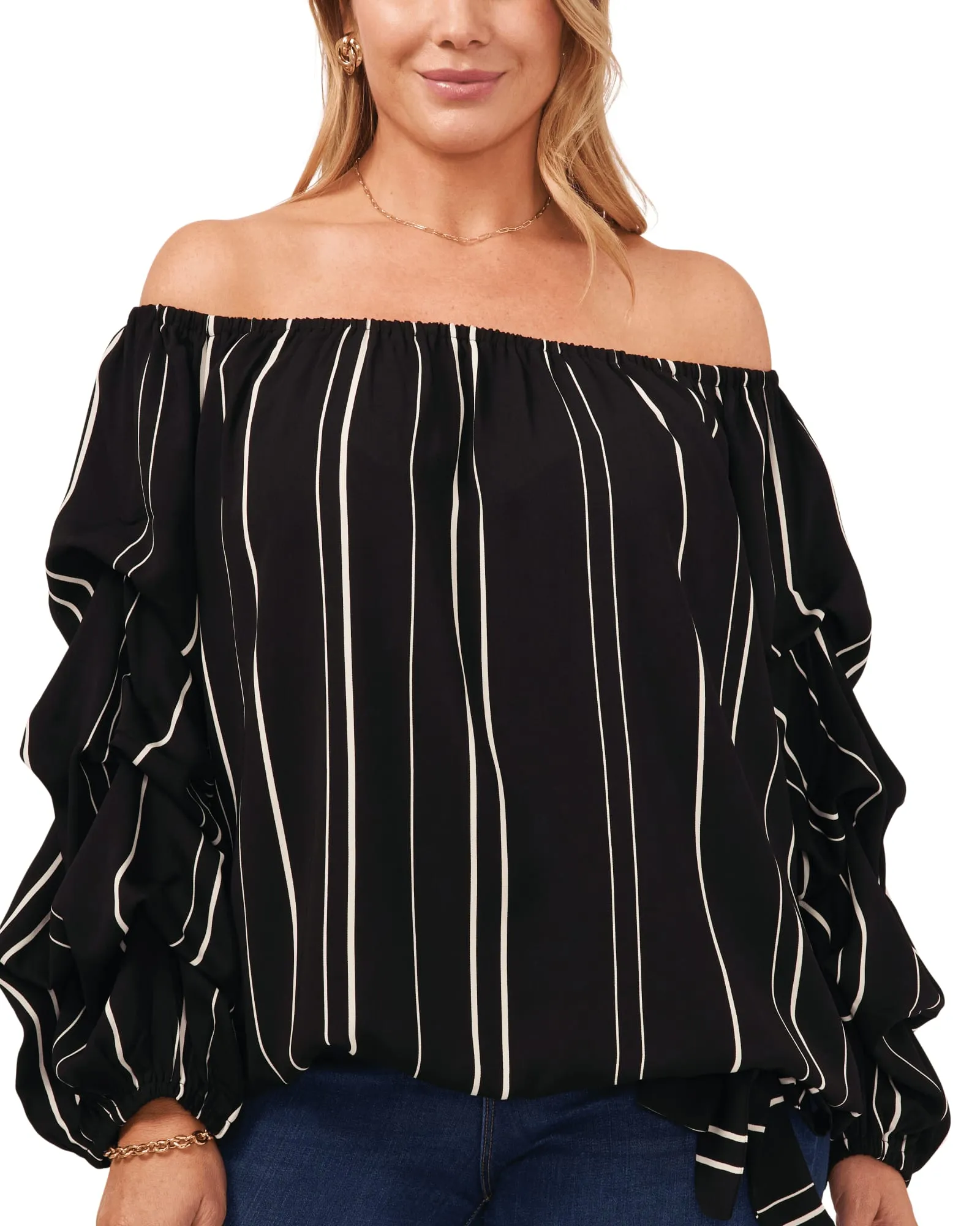 Marie Bubble Sleeve Stripe Blouse | 060-RICH BLACK