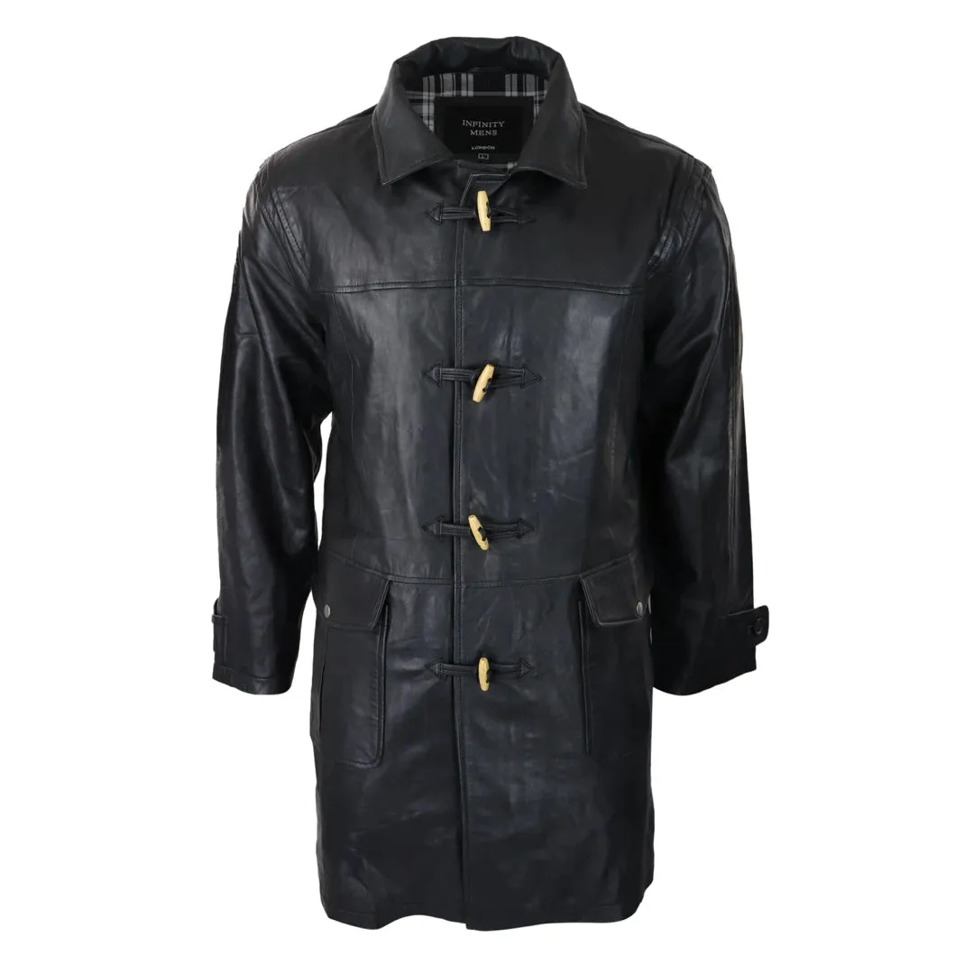 Men's Black Leather Duffle Jacket Coat Toggle Classic Fisherman Hooded 3/4