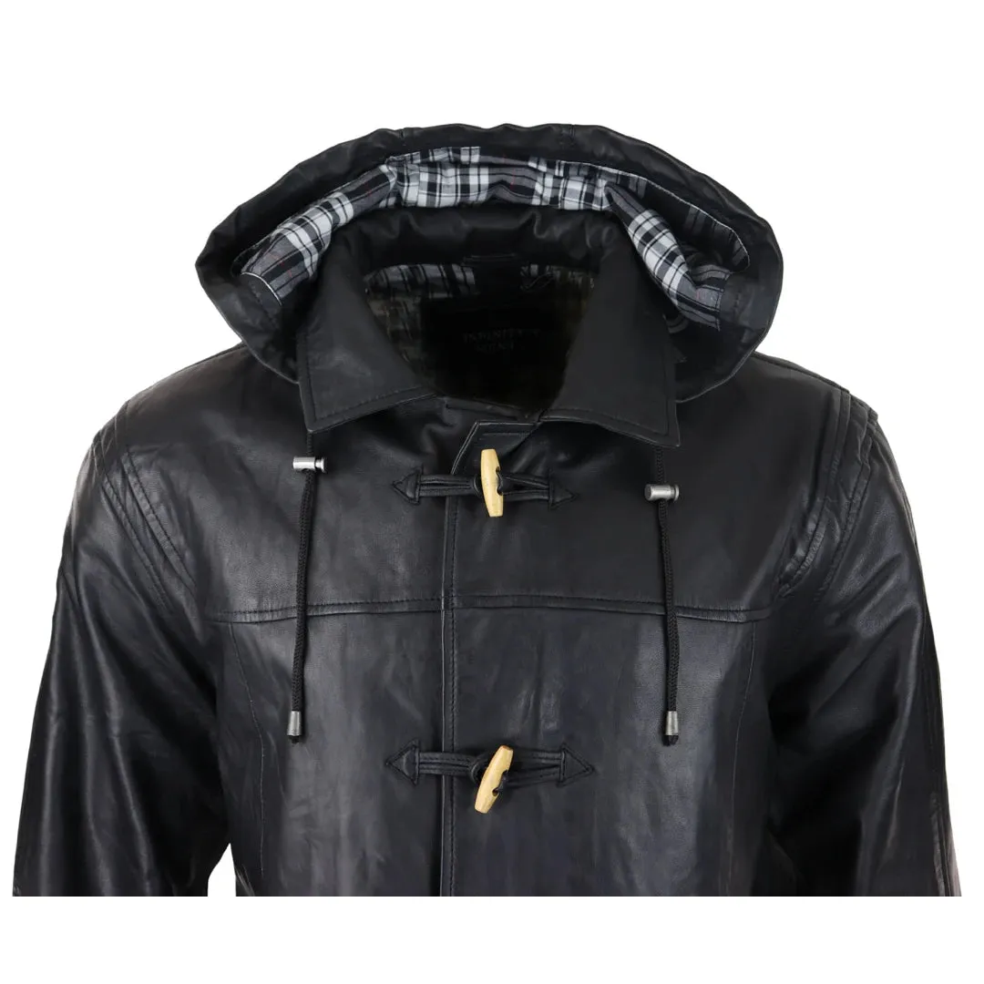 Men's Black Leather Duffle Jacket Coat Toggle Classic Fisherman Hooded 3/4