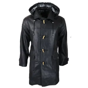 Men's Black Leather Duffle Jacket Coat Toggle Classic Fisherman Hooded 3/4