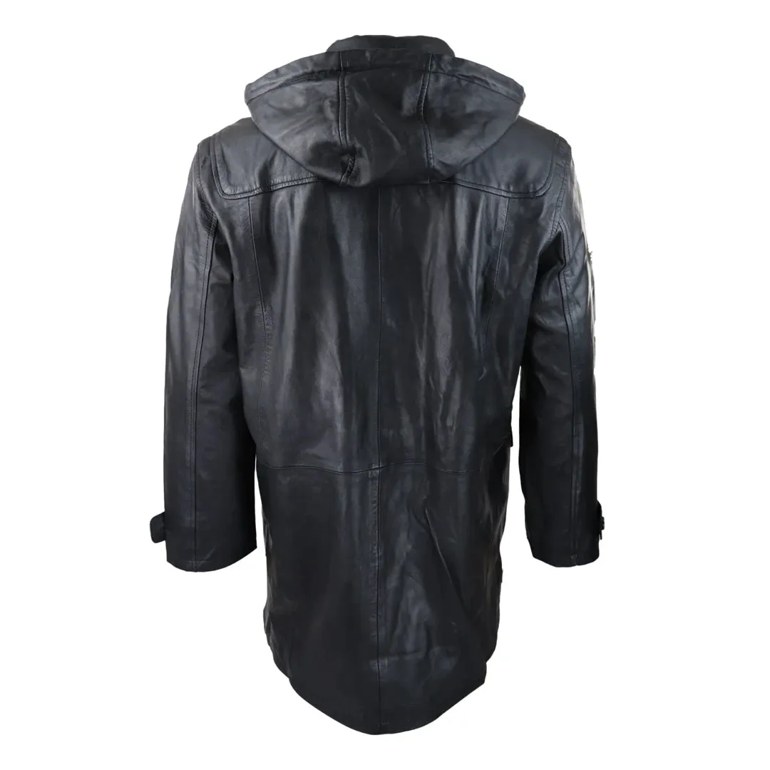 Men's Black Leather Duffle Jacket Coat Toggle Classic Fisherman Hooded 3/4