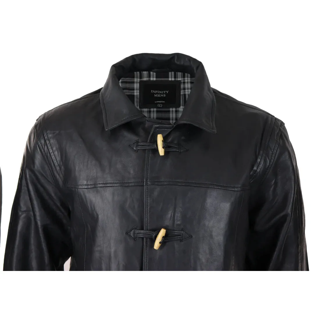 Men's Black Leather Duffle Jacket Coat Toggle Classic Fisherman Hooded 3/4