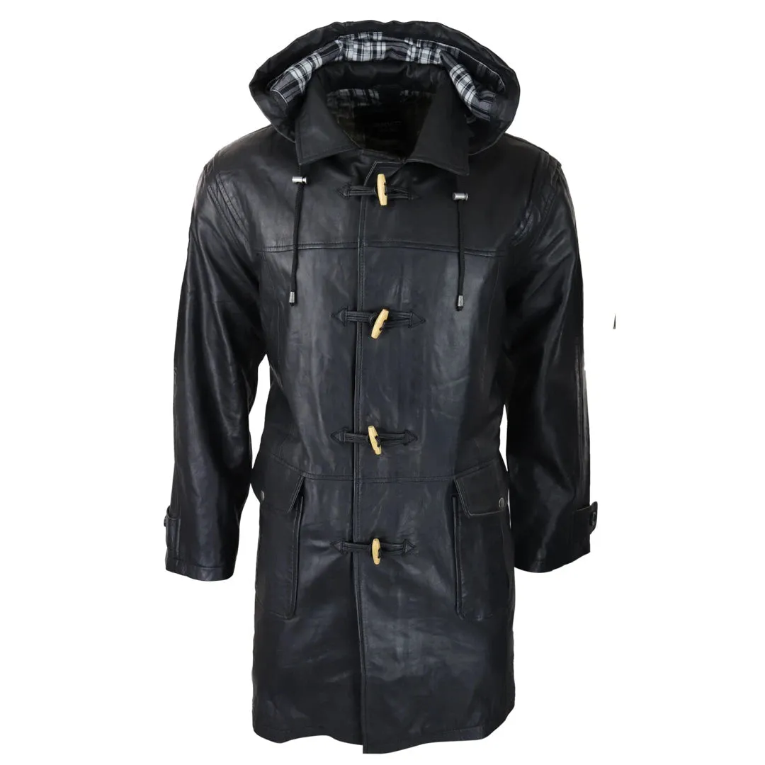 Men's Black Leather Duffle Jacket Coat Toggle Classic Fisherman Hooded 3/4