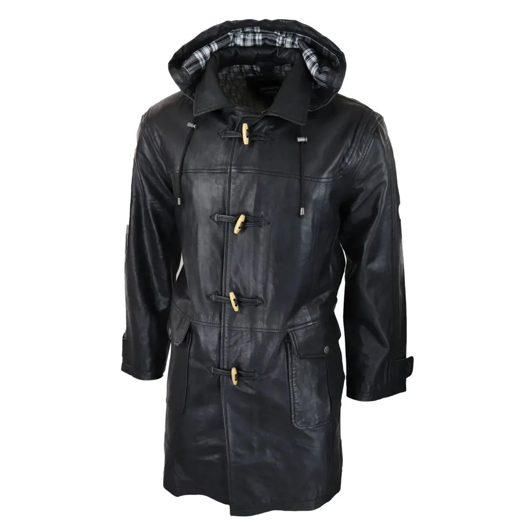 Men's Black Leather Duffle Jacket Coat Toggle Classic Fisherman Hooded 3/4