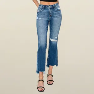 MID RISE FRAYED STEP HEM ANKLE STRAIGHT JEANS