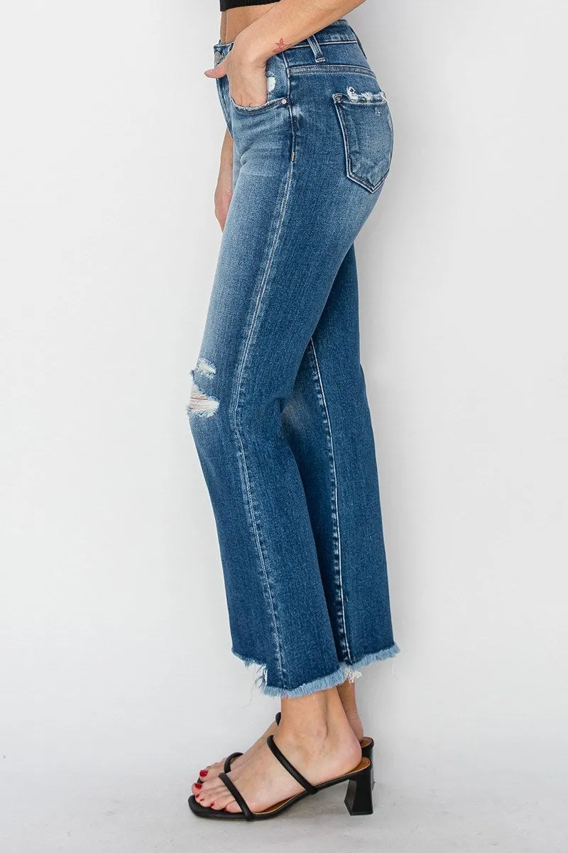 MID RISE FRAYED STEP HEM ANKLE STRAIGHT JEANS