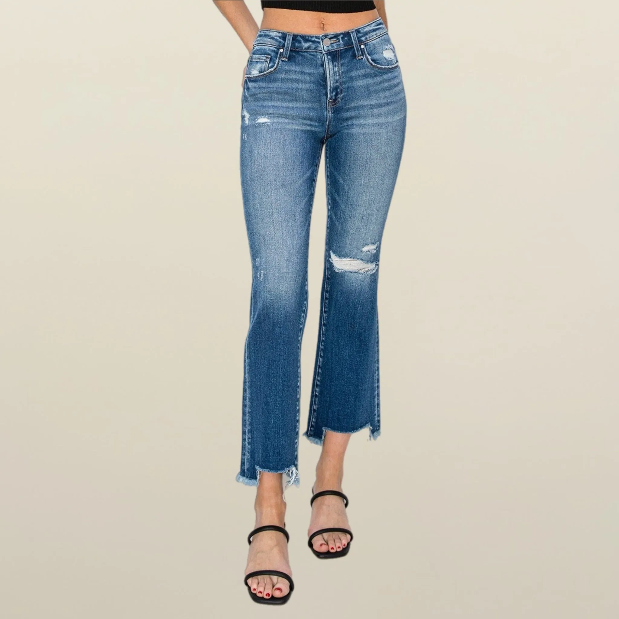 MID RISE FRAYED STEP HEM ANKLE STRAIGHT JEANS