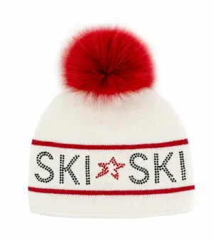 Mitchie's Matchings | Knit Knit "Ski" Hat with Crystals and Fox Pompom | Women's