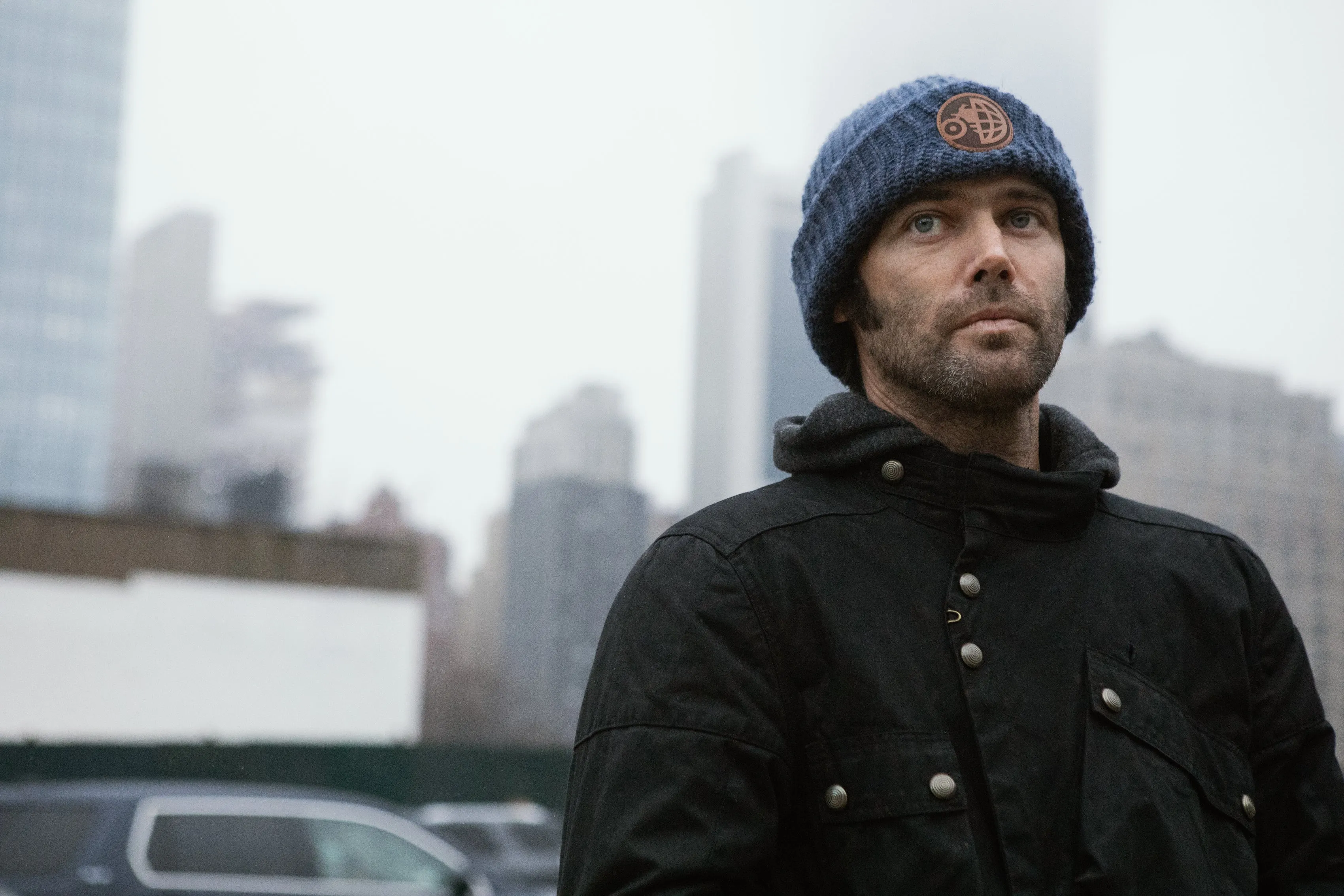 MotoGeo Knit Denim Heather Beanie with Leather Applique
